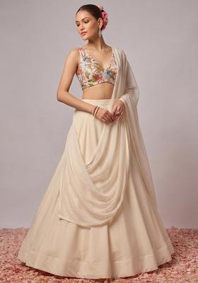 Cream Printed Crepe Lehenga Set