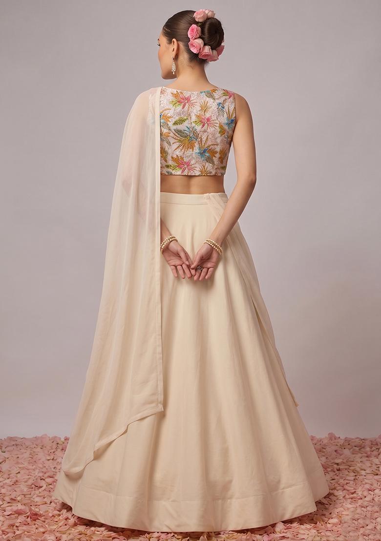 Cream Printed Crepe Lehenga Set - Indya