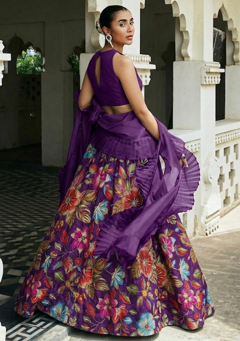 Purple Printed Crepe Lehenga Set - Indya