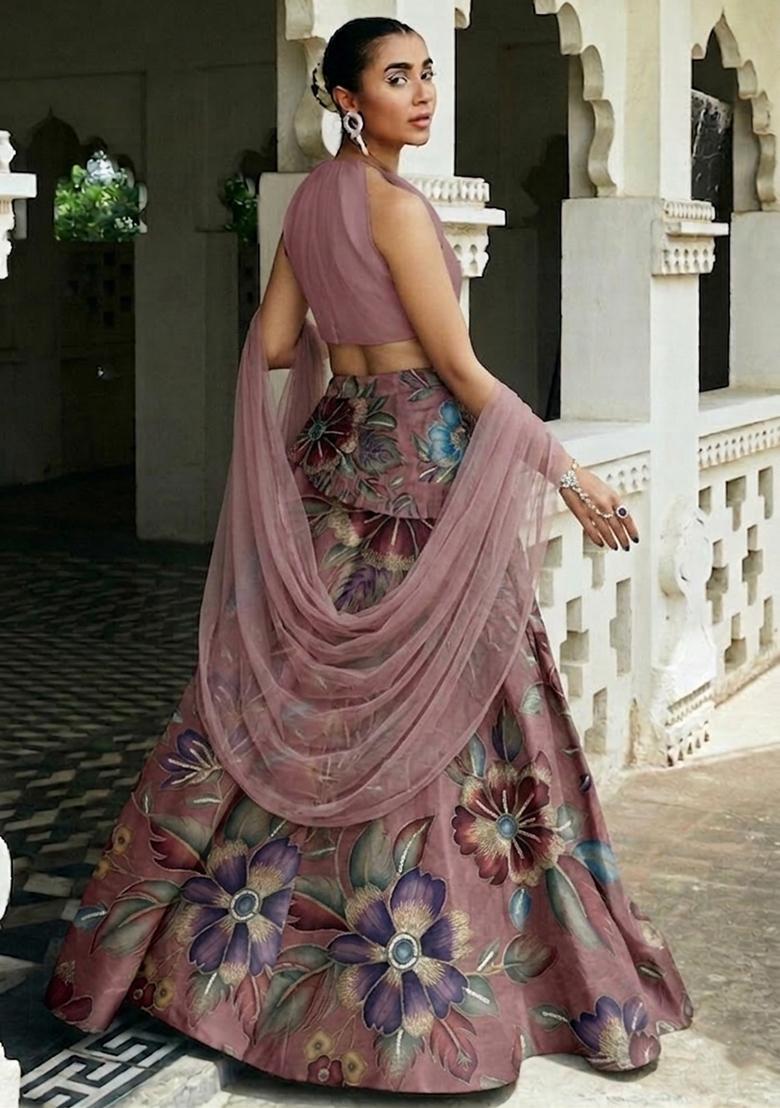 Mauve Pink Printed Crepe Lehenga Set - Indya
