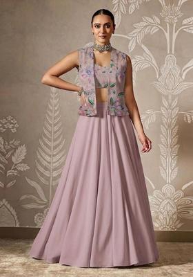 Dusty Pink Printed Organza Lehenga Set
