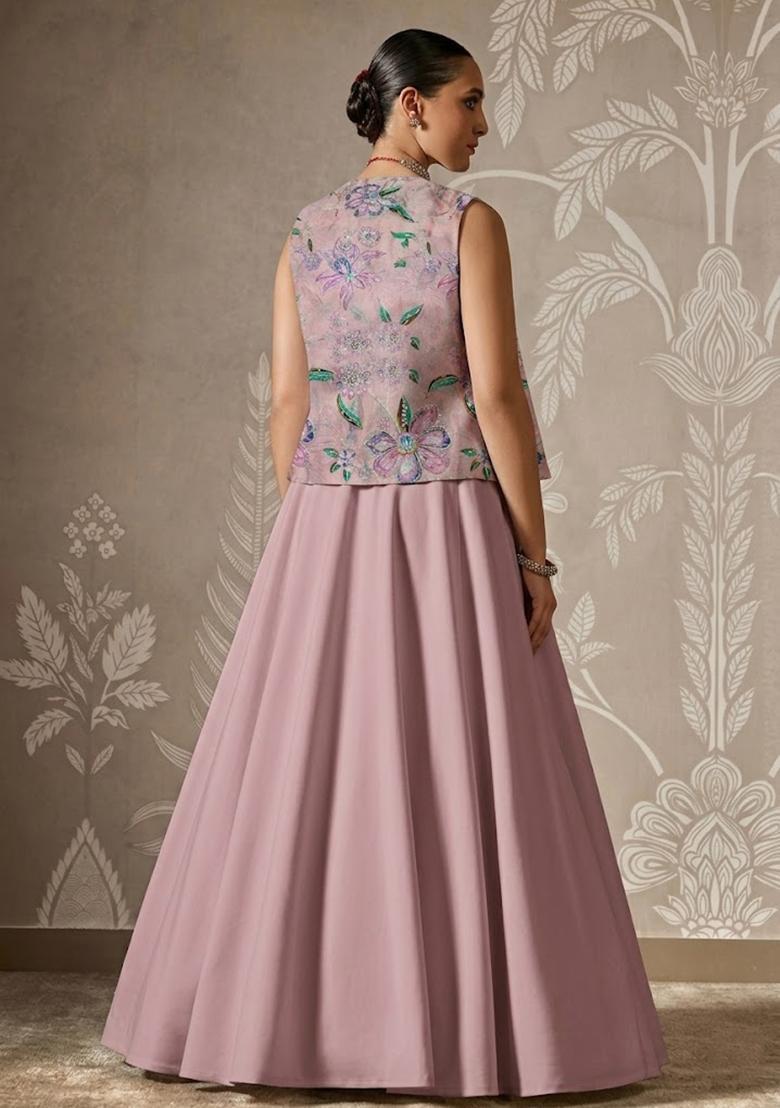 Dusty Pink Printed Organza Lehenga Set - Indya