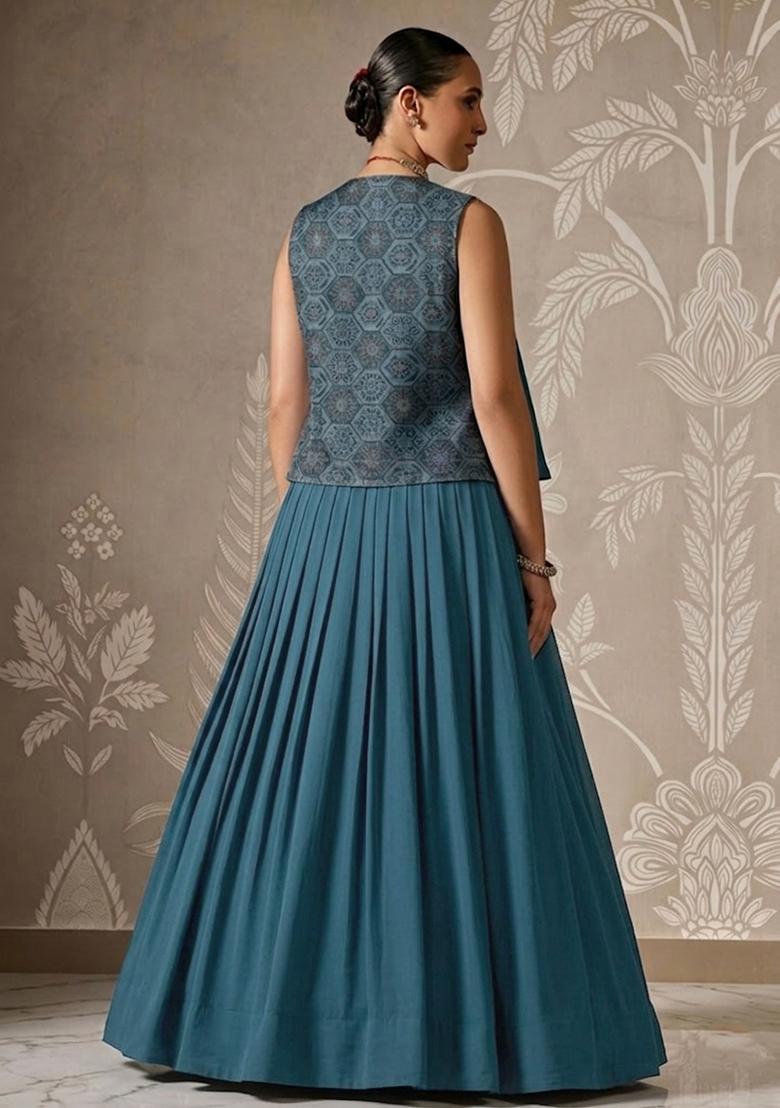 Blue Printed Organza Lehenga Set - Indya