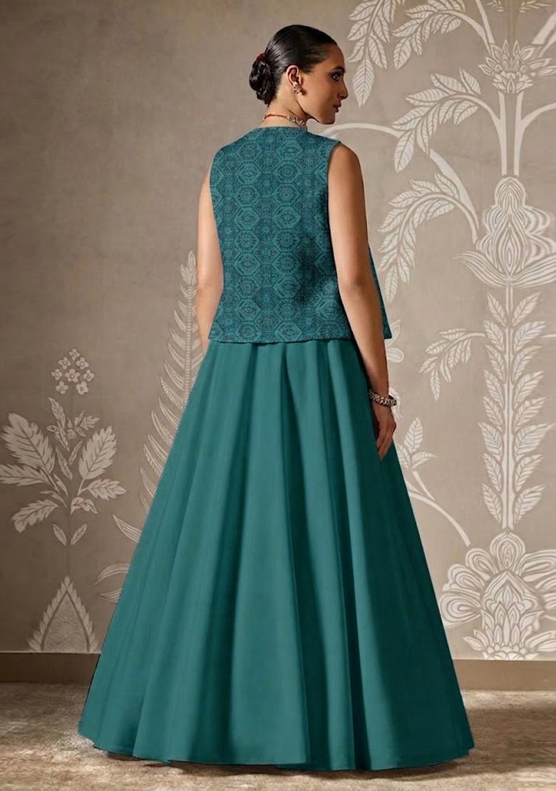 Teal Green Printed Organza Lehenga Set - Indya