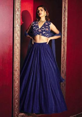 Dark Blue Printed Crepe Lehenga Set