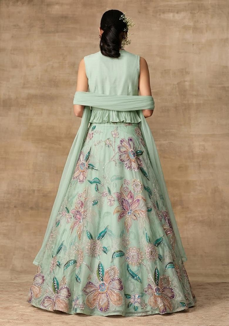 Sea Green Printed Organza Lehenga Set - Indya