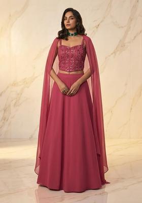 Berry Pink Embroidered Handwork Lehenga Set