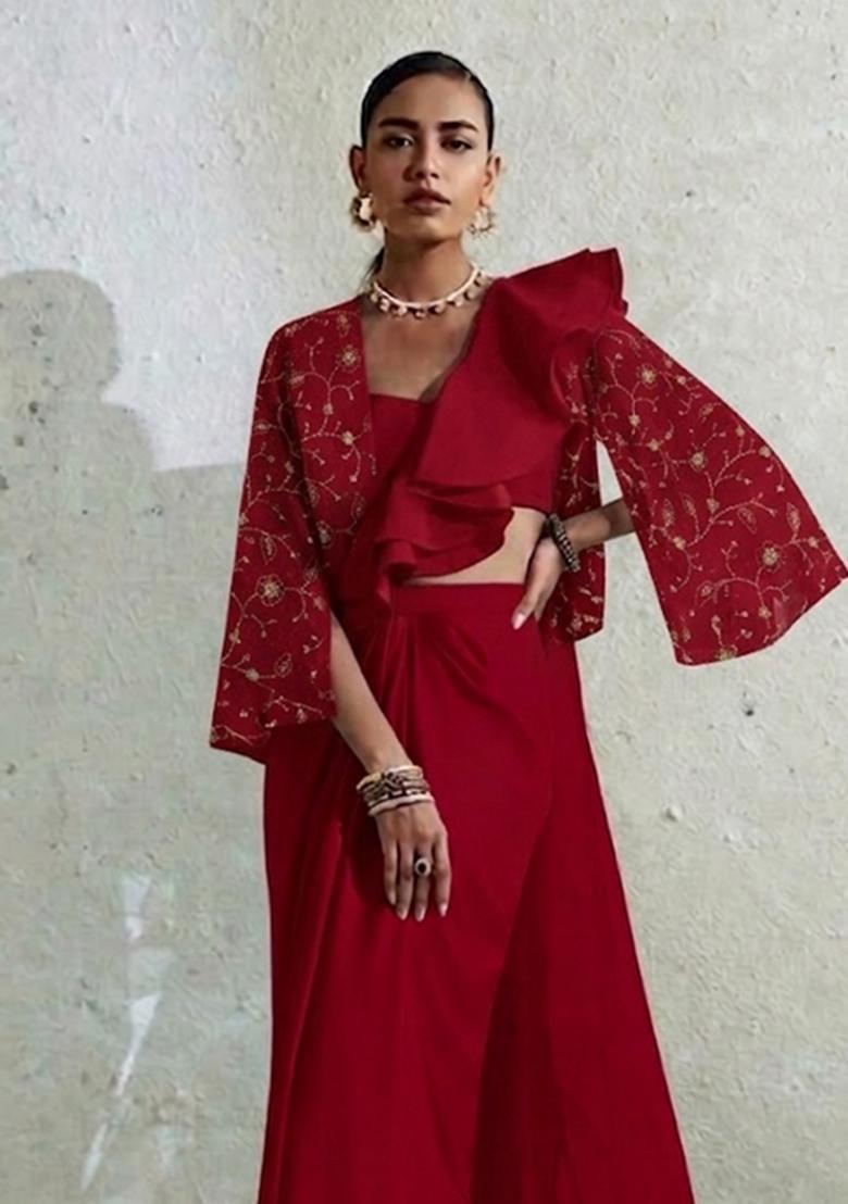 Crimson Red Embroidered Net Pre Draped Saree Set - Indya