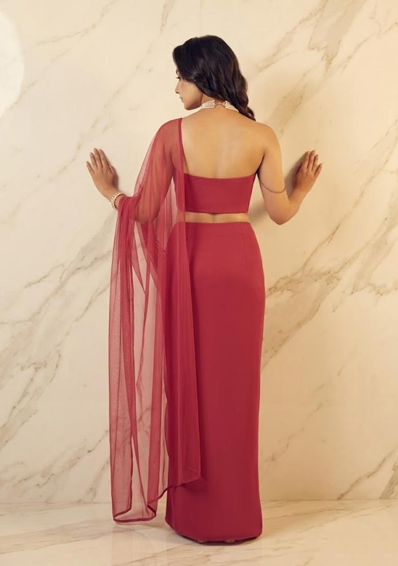 Maroon Embroidered Handwork Pre Draped Saree Set - Indya