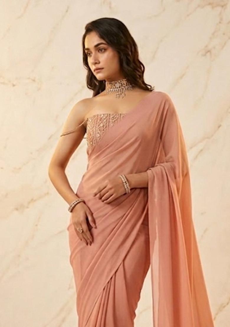 Peach Embroidered Handwork Pre Draped Saree Set - Indya