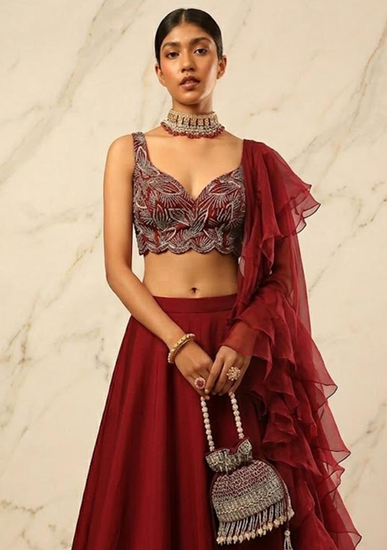 Maroon Embroidered Handwork Lehenga Set - Indya