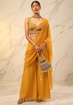 Mustard Yellow Embroidered Handwork Lehenga Set