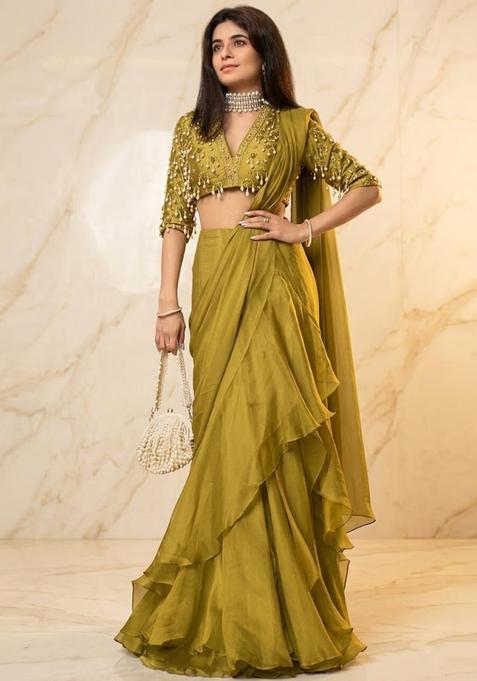 Olive Green Embroidered Handwork Pre Draped Saree Set