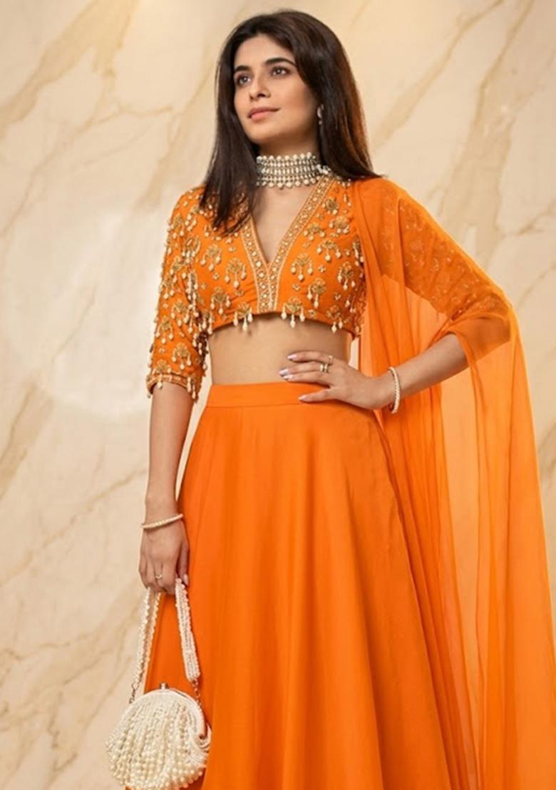 Orange Embroidered Handwork Pre Draped Saree Set - Indya