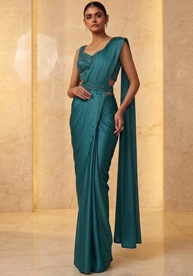 Powder Blue Embroidered Handwork Pre Draped Saree Set