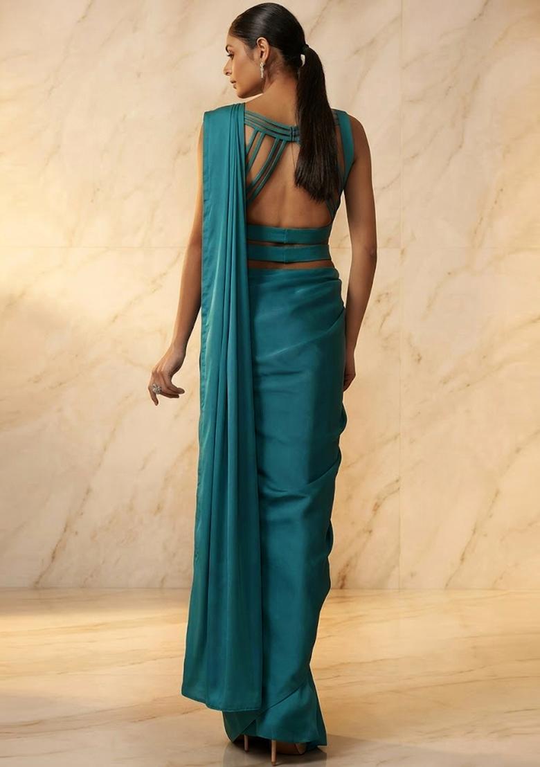 Powder Blue Embroidered Handwork Pre Draped Saree Set - Indya