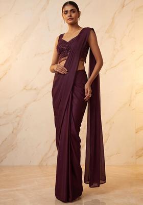 Wine Embroidered Handwork Pre Draped Saree Set