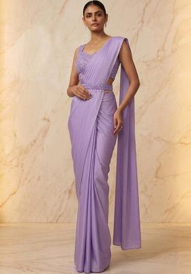 Lavender Embroidered Handwork Pre Draped Saree Set