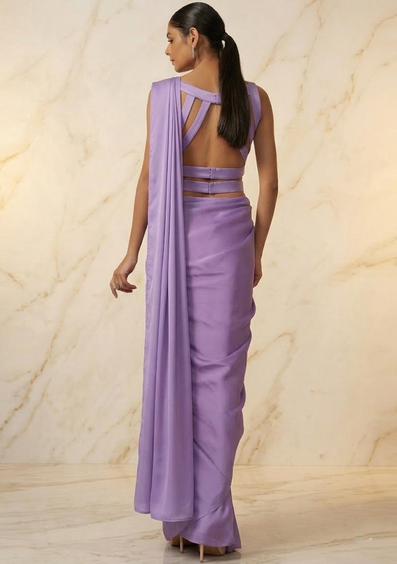 Lavender Embroidered Handwork Pre Draped Saree Set - Indya
