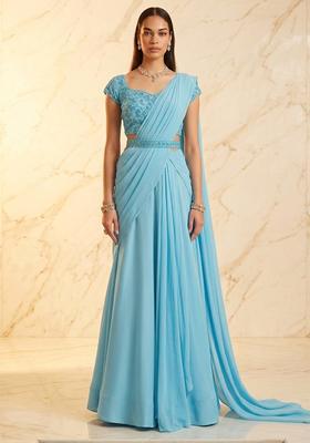 Sky Blue Embroidered Handwork Pre Draped Saree Set