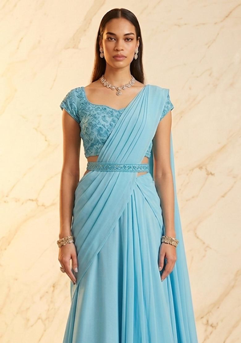 Sky Blue Embroidered Handwork Pre Draped Saree Set - Indya