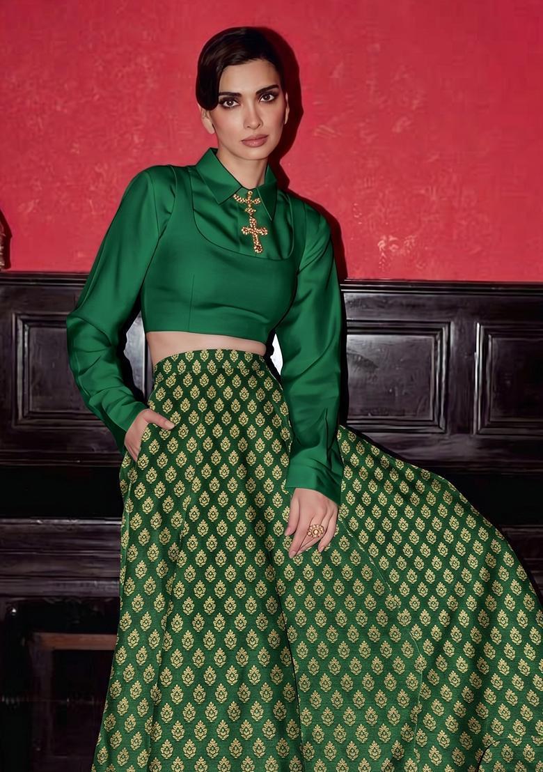 Emerald Green Brocade Lehenga Set - Indya