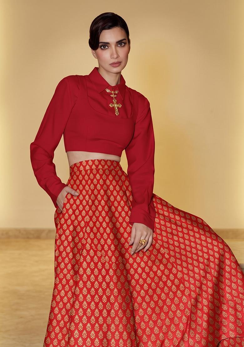 Red Brocade Lehenga Set - Indya