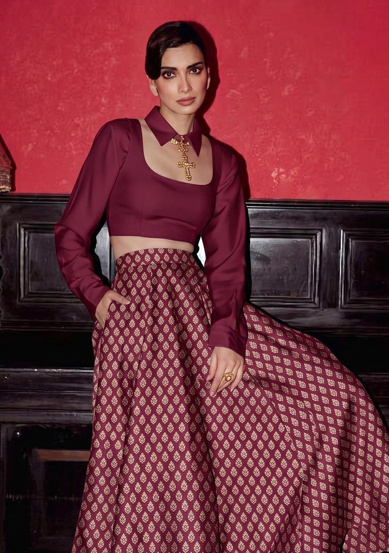 Chocolate Brown Brocade Lehenga Set - Indya