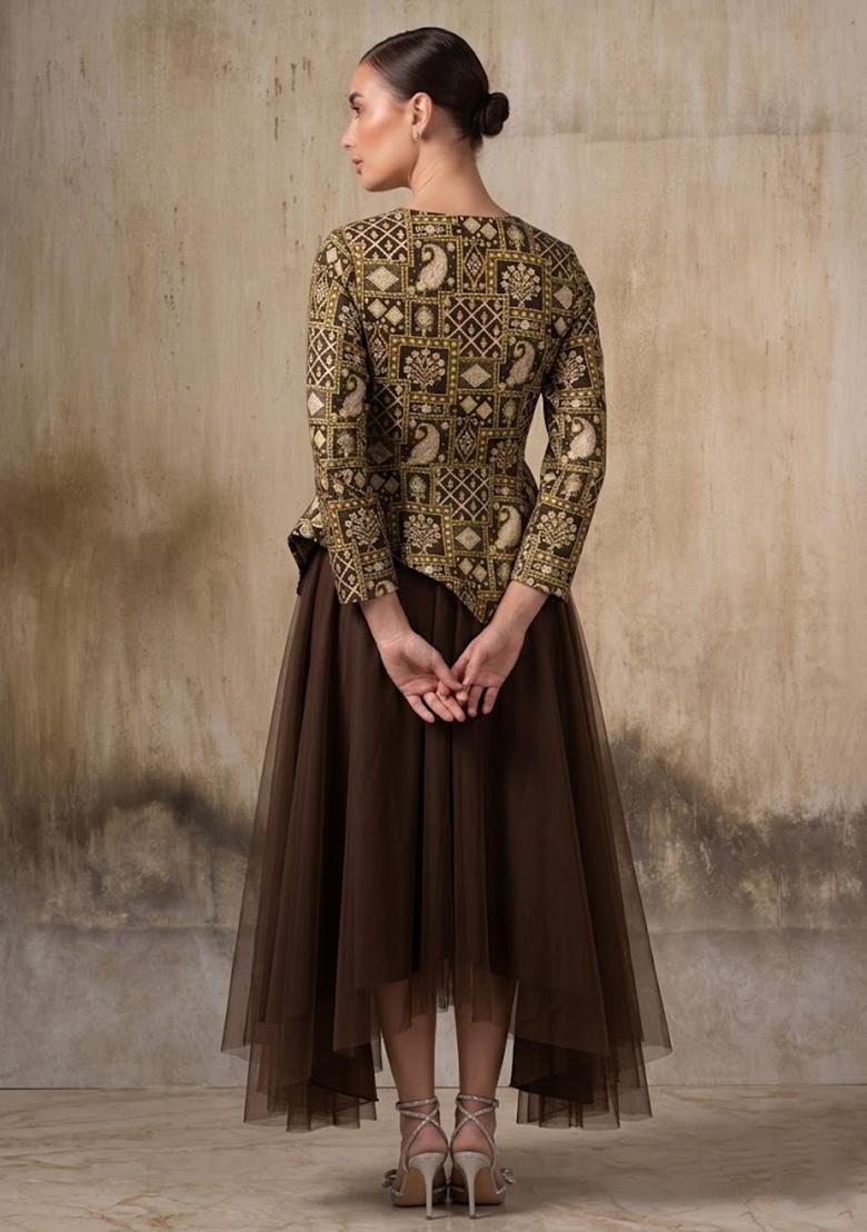 Olive Brown Brocade Lehenga Set - Indya