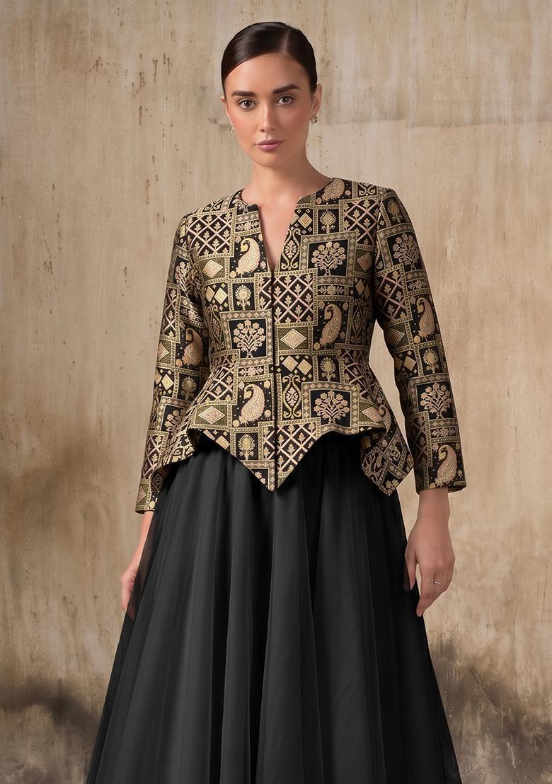 Black Brocade Lehenga Set - Indya