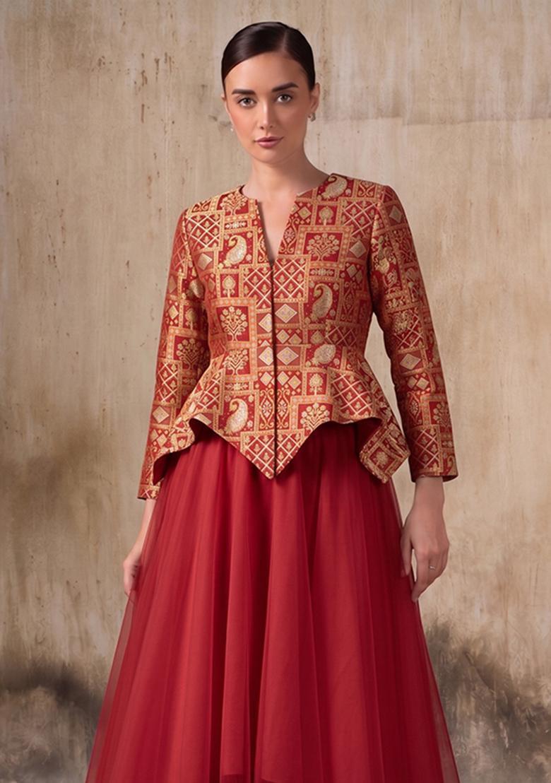 Red Brocade Lehenga Set - Indya