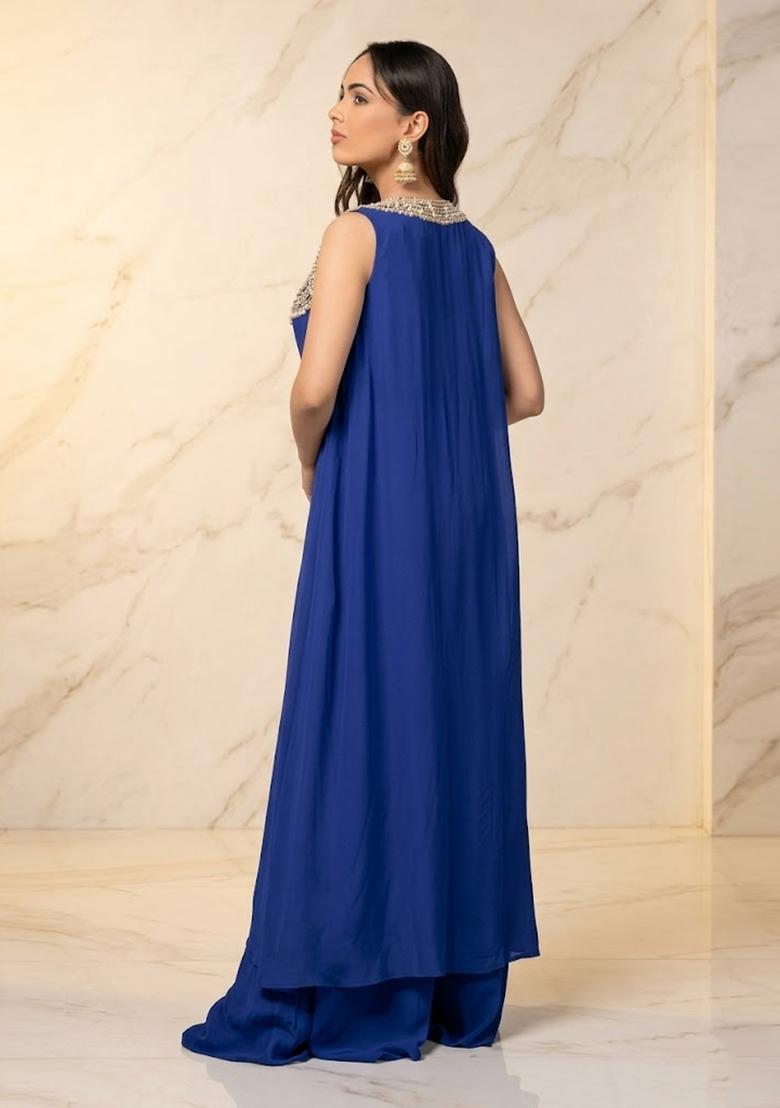 Royal Blue Embroidered Handwork Fusion Set - Indya