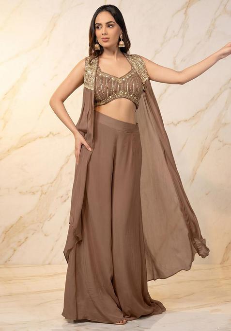 Brown Embroidered Handwork Fusion Set