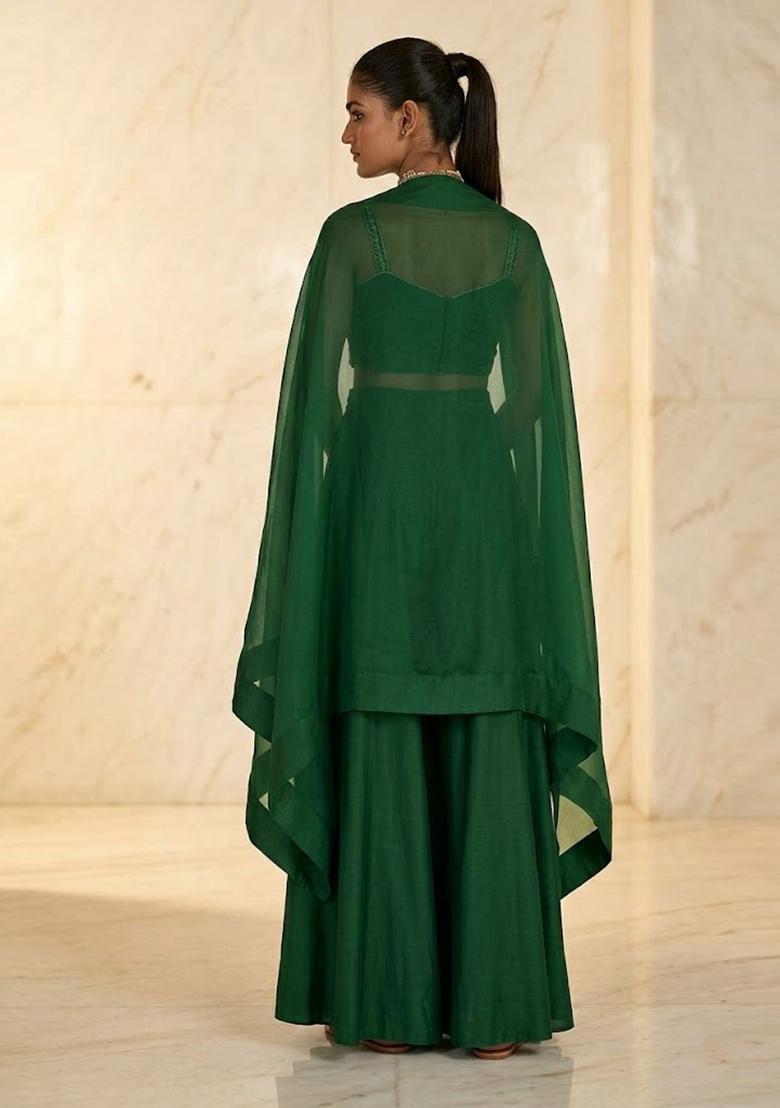 Green Embroidered Handwork Sharara Set - Indya