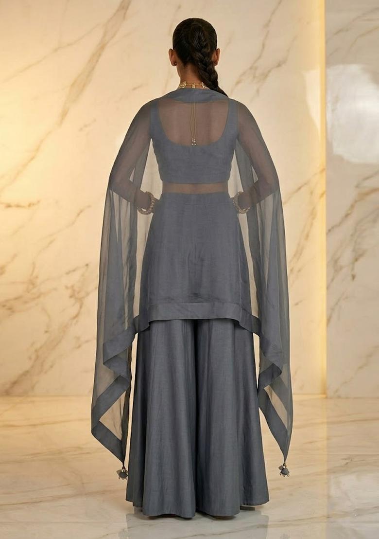 Grey Embroidered Handwork Sharara Set - Indya