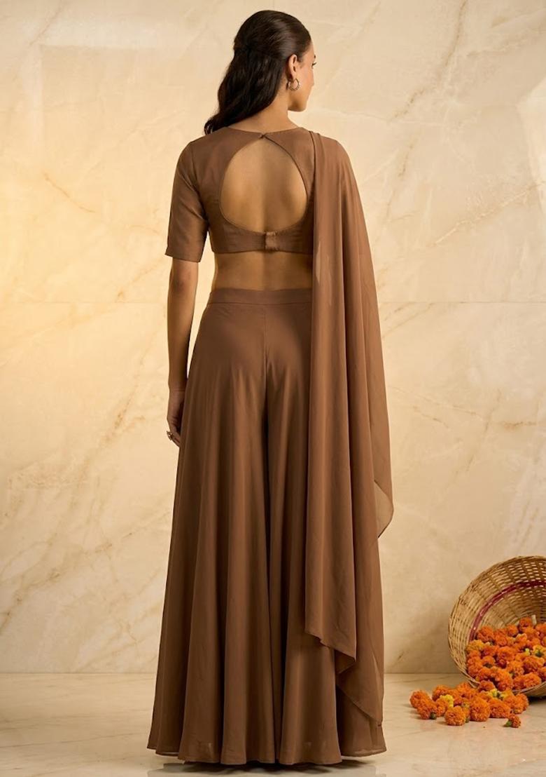 Mocha Brown Embroidered Handwork Fusion Set - Indya