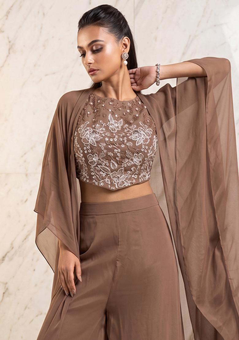 Mocha Brown Embroidered Handwork Fusion Set - Indya