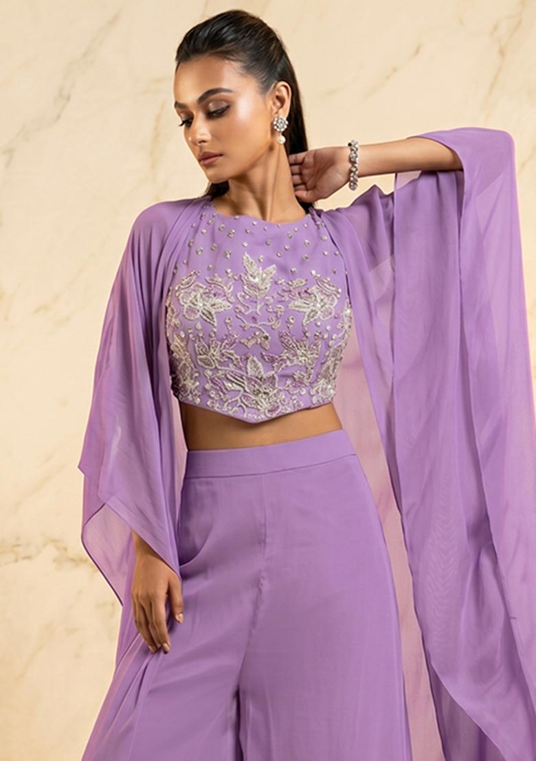 Lavender Embroidered Handwork Fusion Set - Indya