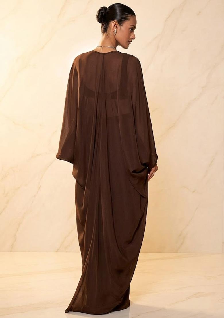 Chocolate Brown Embroidered Handwork Fusion Set - Indya