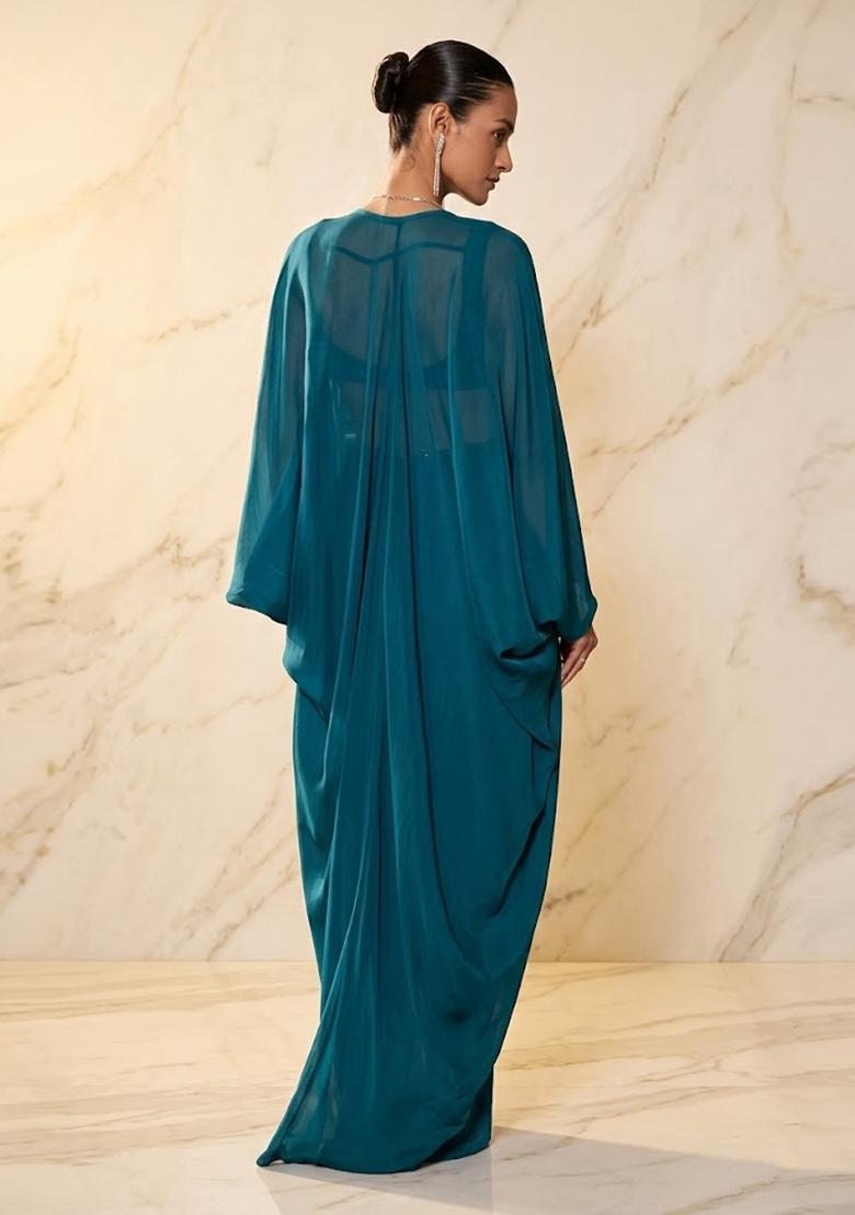 Teal Embroidered Handwork Fusion Set - Indya