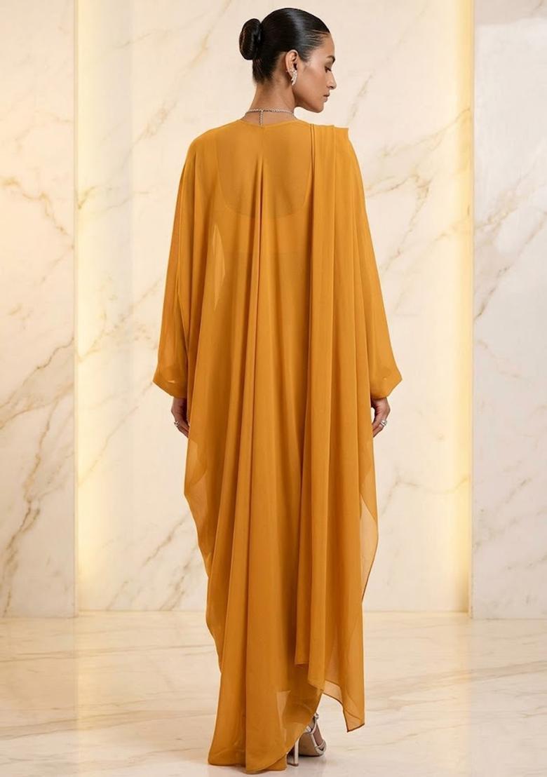 Yellow Embroidered Handwork Fusion Set - Indya