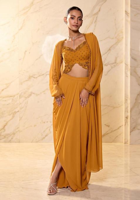 Yellow Embroidered Handwork Fusion Set