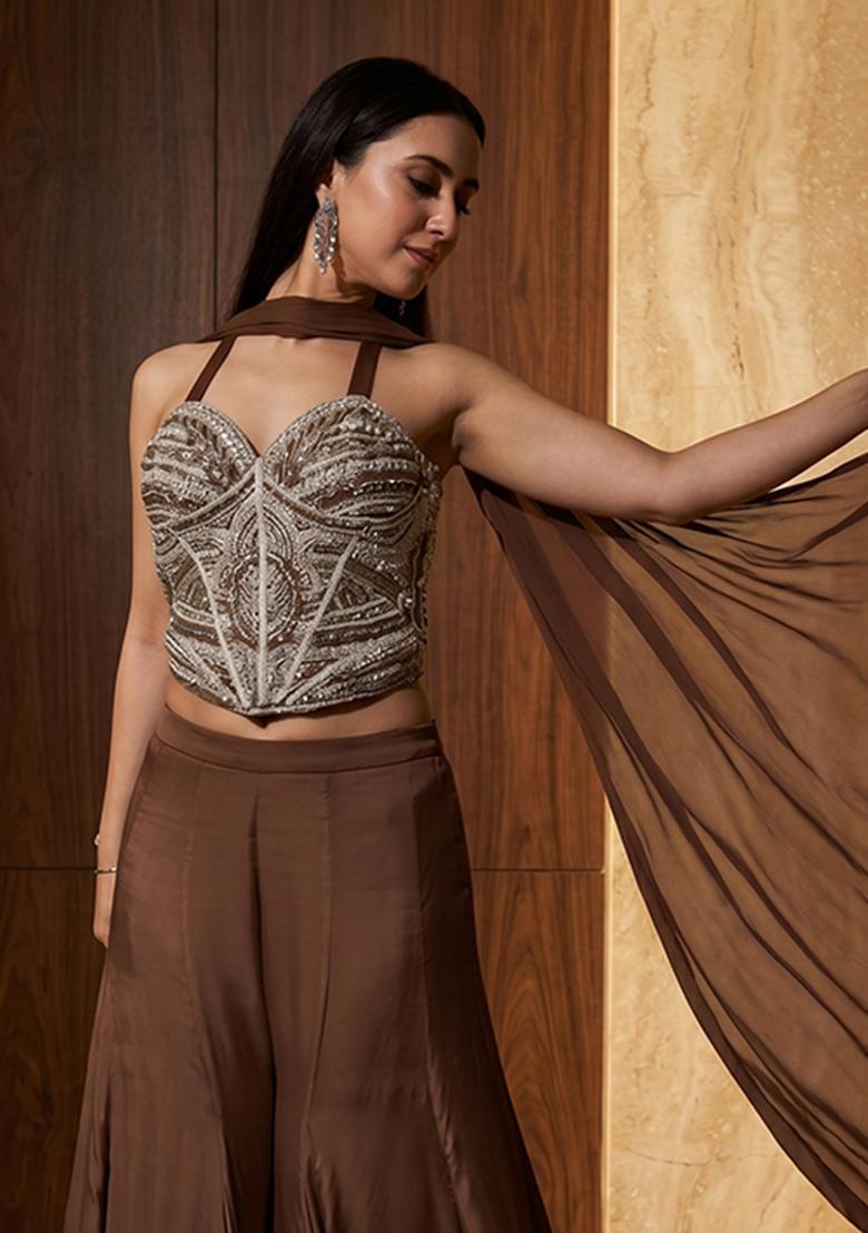 Chocolate Brown Embroidered Handwork Lehenga Set - Indya