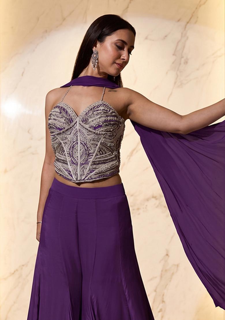 Purple Embroidered Handwork Lehenga Set - Indya
