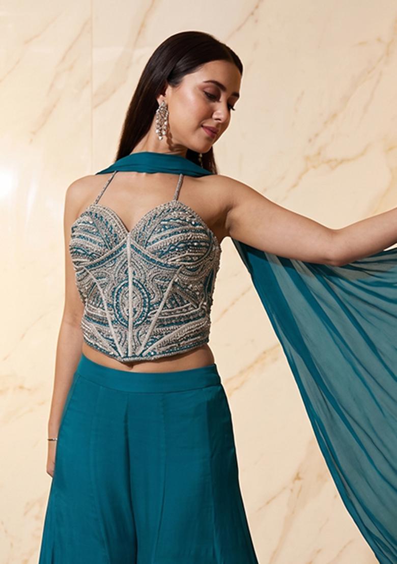 Teal Embroidered Handwork Lehenga Set - Indya
