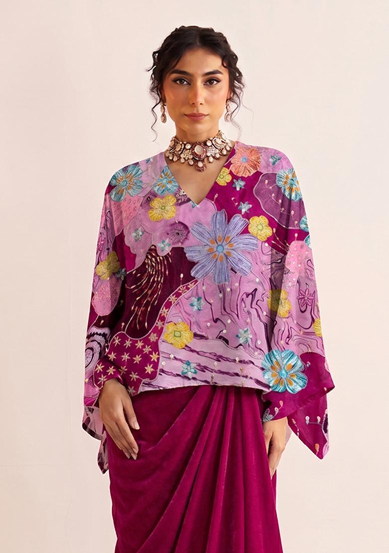Magenta Printed Crepe Fusion Set - Indya