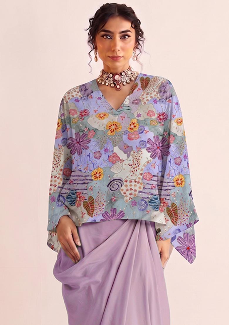 Blue Printed Crepe Fusion Set - Indya