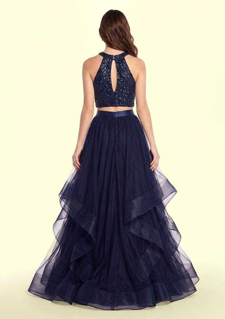 Navy Blue Sequin Net Prom Dress - Indya