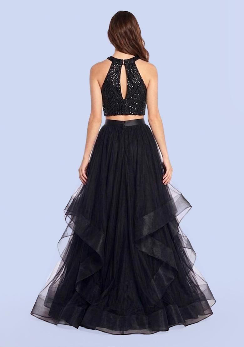 Black Sequin Net Prom Dress - Indya