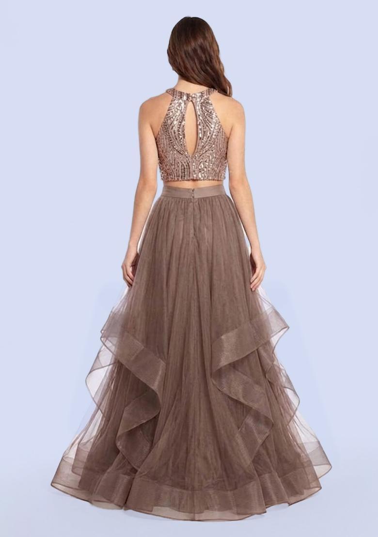 Brown Sequin Net Prom Dress - Indya